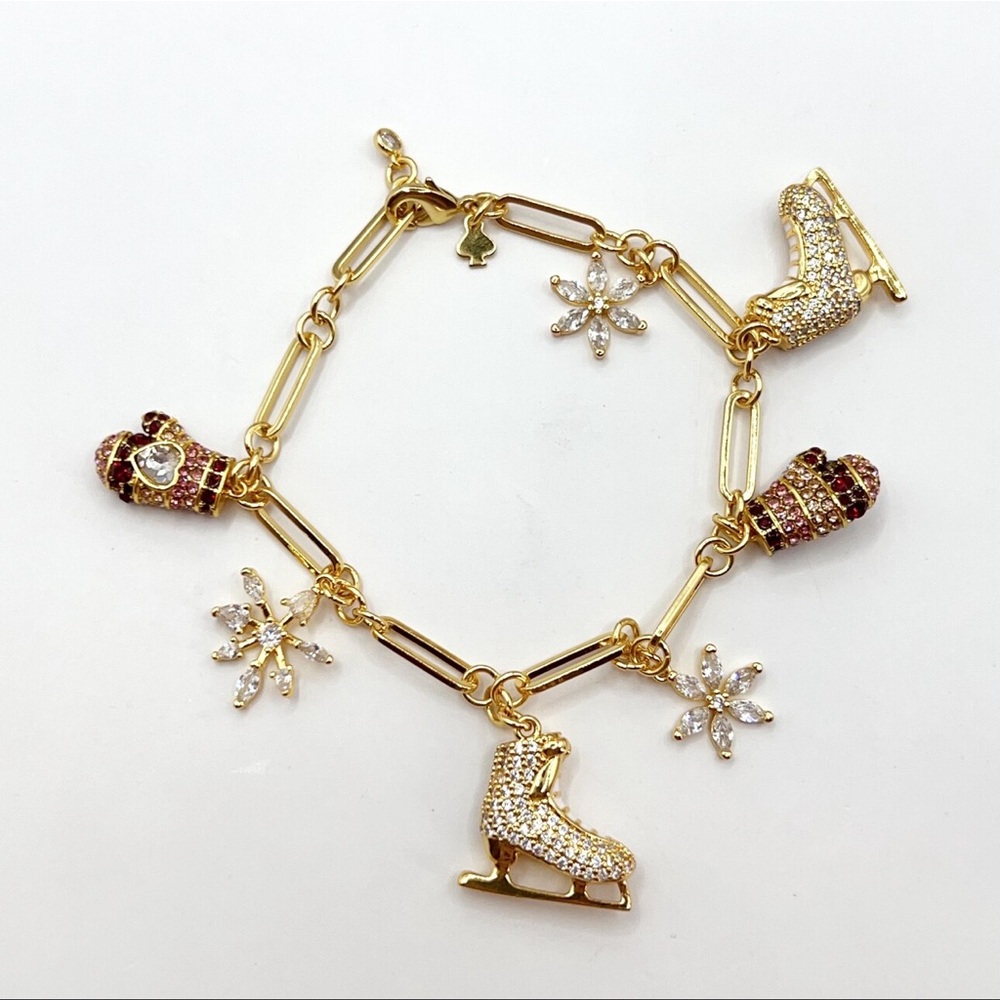 NWOT kate spade Gold-Tone Holiday Charm Bracelet with Red & Clear Accents